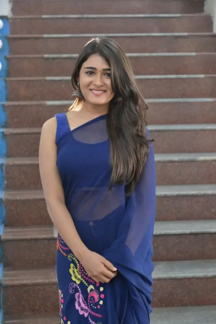 Indian Actress Shalini Pandey In Blue Saree At Telugu Movie Opening